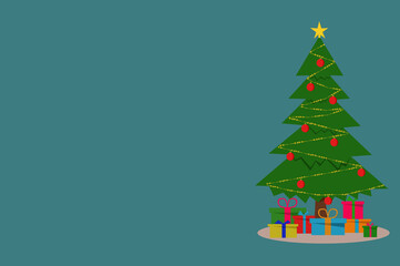 Christmas card template with a petrol background. Merry christmas. Christmas tree with presents on a petrol background.