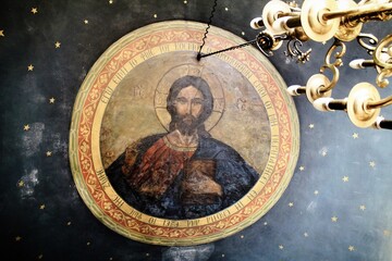 Fresco of Jesus Christ inside an old byzantine orthodox church in Athens, Greece - March 12 2020.