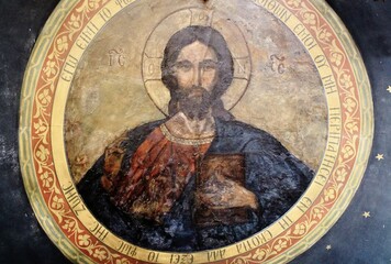 Fototapeta na wymiar Fresco of Jesus Christ inside an old byzantine orthodox church in Athens, Greece - March 12 2020.