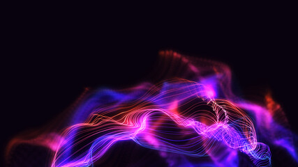 Bright glowing dynamic waves background illustration artwork. Multi-coloured line particles with beautiful bokeh. Digital 3d concept