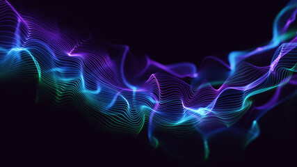 Glowing wavy lines background. Multi-coloured line particles with beautiful bokeh. Digital tech 3d perspective illustration