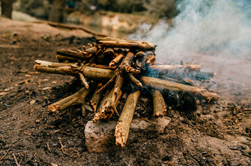 Close up fuming bonfire