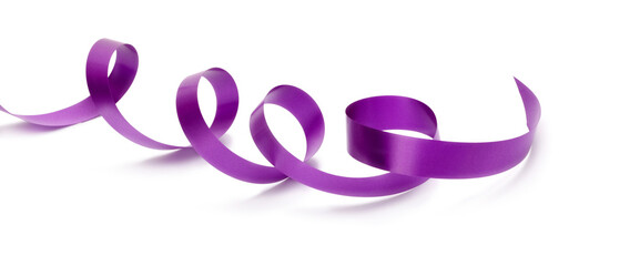 Violet silk ribbon on white horizontal background.
