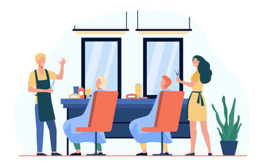 Man sitting in chair in barbershop isolated flat vector illustration. Cartoon hairdressers making haircut for clients. Hairdressing salon and fashion concept