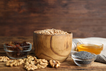 Ingredients for traditional kutia on wooden table