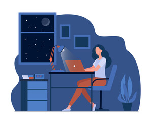 Female designer working late in room flat vector illustration. Cartoon student using laptop computer at night and sitting at desk. Home office and workplace concept