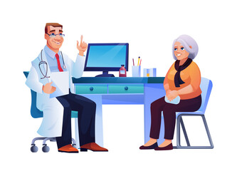 Old woman and general practitioner sitting at chairs near doctors table isolated. Vector therapist in white coat, stethoscope on neck, consulting female pensioner to prevent avoid coronavirus illness