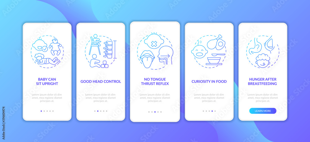 Poster introducing baby food requirements onboarding mobile app page screen with concepts. no tongue thrust