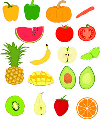 Set of fruits and vegetables: pepper, 
pumpkin, carrot, watermelon, tomato, banana,  pineapple, apple, mint, mango, avocado, kiwi, pear, strawberry, orange. 
Cartoon illustration. 
Bright colors.