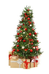 Fototapeta na wymiar Beautiful decorated Christmas tree with gift boxes on white background
