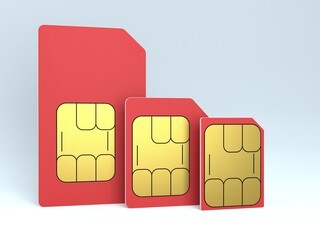3d illustration of set mini, micro and nano simcard.
