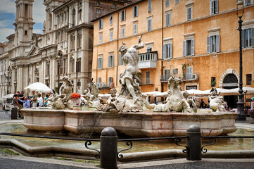 Italy, Lazio, Rome, Navona Square, Piazza Navona, Neptune Fountain by Bernini