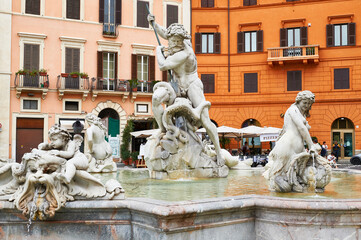 Italy, Lazio, Rome, Navona Square, Piazza Navona, Neptune Fountain by Bernini