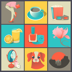 set of  retro icons, girl`s icons, colorful icons