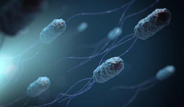 Microscope magnification of blue bacteria, 3d illustration.