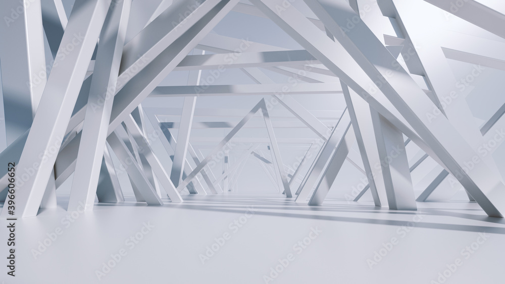 Poster 3d render, abstract white background with chaotic constructions.