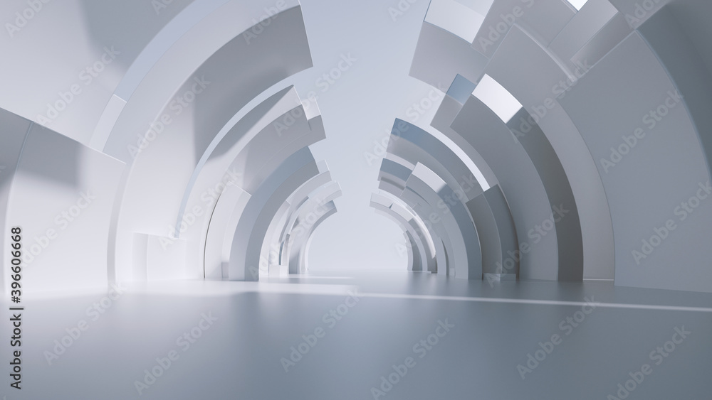 Poster 3d render, abstract minimal background with white round arches.