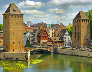 Strasbourg, medieval bridge Ponts Couverts is located in the historic district 