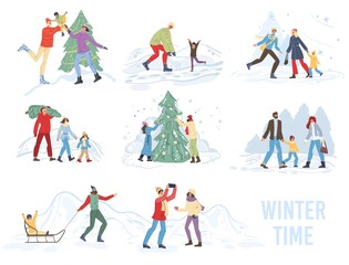 Flat cartoon family characters doing winter outdoor activities,sledging,decorating christmas tree in snow,merry Xmas,happy New Year holiday concept