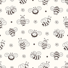 Bee seamless pattern in black and white colors. Coloring page background 