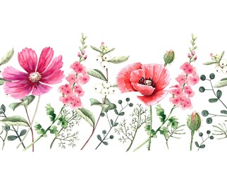 seamless pattern border with delicate wildflowers on white background, watercolor illustration hand painted