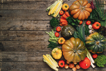 Beautiful arrengament of autumn vegetables on wooden table