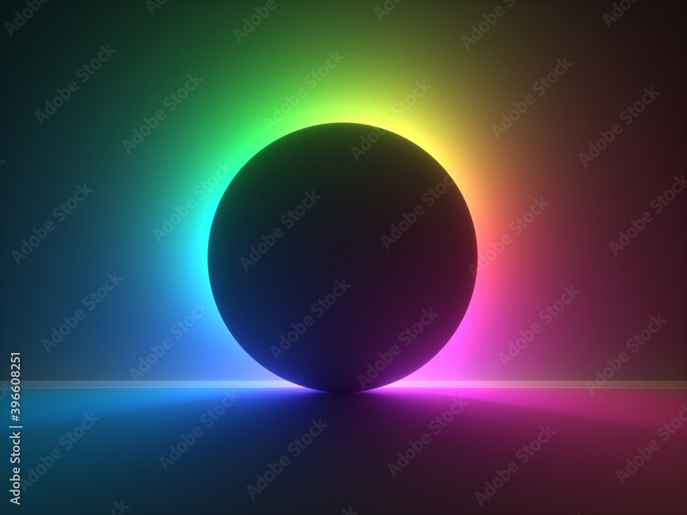 Poster 3d render, modern minimal abstract background with colorful neon light behind the round black shape.