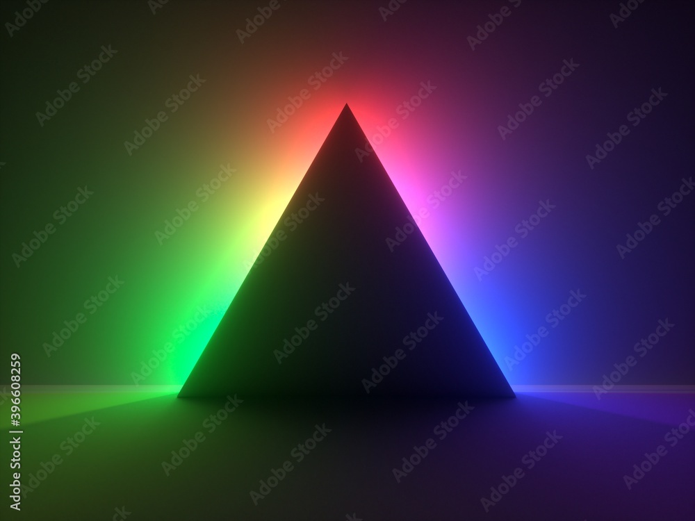 Aufkleber 3d render, modern minimal abstract background with colorful neon light behind the black triangular p