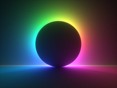 3d render, modern minimal abstract background with colorful neon light behind the round black shape.