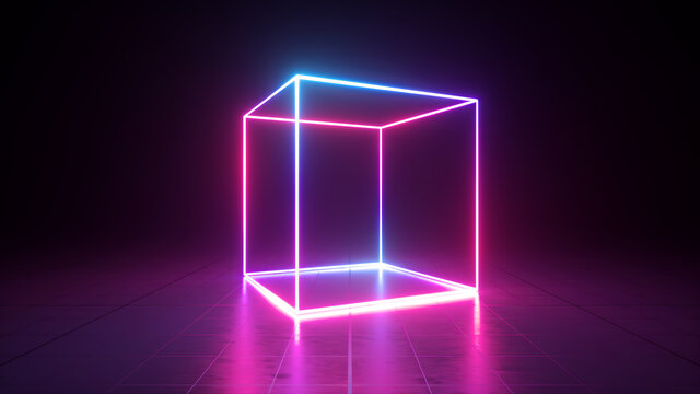 3d render, abstract ultraviolet background, pink violet neon cube perspective view, simple square geometric shape, cubic cage stand inside the dark empty room