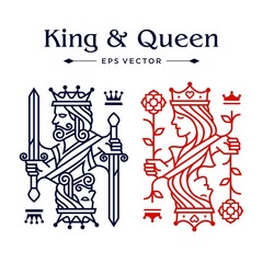 King and queen card drawing line illustration, casino poker logo design, Luxury red and blue color of King and queen Playing Card in white Background