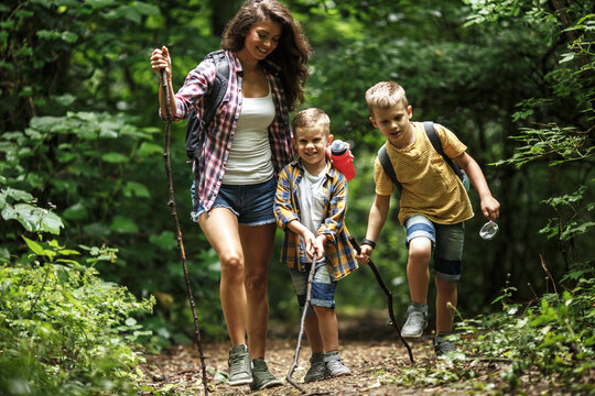 Mother and her little sons hiking trough forest .Outdoor spring leisure concept.	

