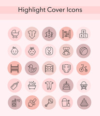 Social media collection of pink and black line covers for female account, blogger stories, lifestyle fashion elements, food and travel. highlight icons vector set.