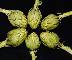 Obraz premium Alcachofas verdes sobre fondo negro
