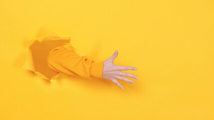 Woman hand arm showing five fingers ordinal count 5 greet gesture isolated through torn yellow background studio. Copy space advertisement place for text or image Advertising area workspace mock up.
