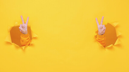 Woman hands arms showing victory sign v-sign isolated through torn yellow wall background studio Copy space advertisement place for text or image promotional content Advertising area workspace mockup
