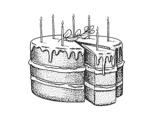 Birthday cake with candles. Fruit dessert or tart. Hand drawn bakery product. Celebratory Sweet Food. Vintage engraved sketch. Vector illustration for a banner or menu of a cafe and restaurant.