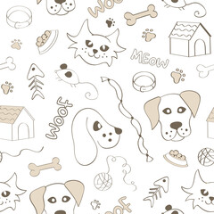 Cat and dog seamless pattern. Background illustrations for pet shop