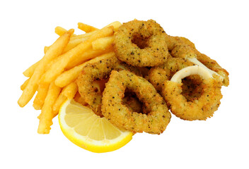 Breadcrumb covered salt and pepper calamari rings and French fries isolated on a white background