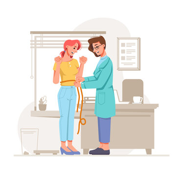 Satisfied slim girl measuring waist at nutritionist office. Great results at losing weight and eating healthy food. Patient at clinics keeping dieting. Doctor help. Cartoon character, vector in flat