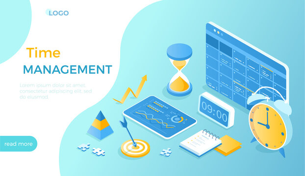 Time Management Concept.  Project planning, organization of working time, distribution of tasks, successful business administration. Isometric vector illustration for website. 