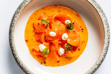salmon ceviche on the white background.