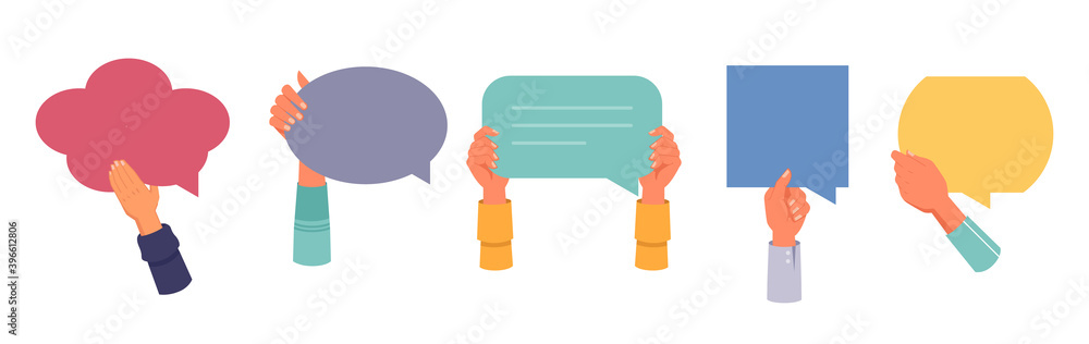 Poster hands holding speech bubbles, reviews and feedback isolated set. vector chats ir comments, dialog me
