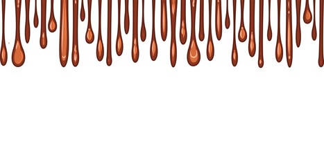 Beads of brown liquid. Light chocolate, caramel. Custard. Thick flowing paint. Slime. The drops are slipping. The isolated object on a white background. Flat cartoon style. Shine. Frame. Vector