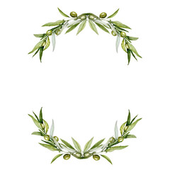 Watercolor olive wreath. Green branches, olive berries frame. Hand drawn bohemian circle wreath. Summer Garland Olive.