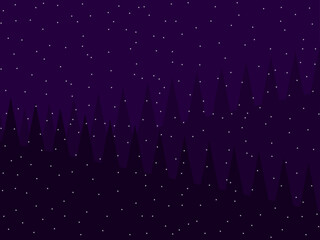 Night winter landscape with fir trees and falling snow. Starry sky. Winter background for Christmas and New Years. Flat style. Vector illustration