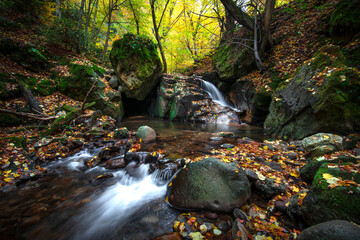 Fotinovo waterfalls (Fotinski waterfall) in Rhodopes Mountain, Pazardzhik region, Bulgaria. Amazing autumn landscape