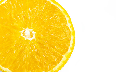 Close up photo of orange on white background. Oranges fruit cut in half, inside, macro view.