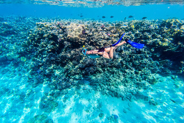 Man in snorkeling mask dive underwater with tropical fishes in coral reef sea pool. Travel lifestyle, water sport outdoor adventure, swimming on summer beach holiday. Underwater shooting