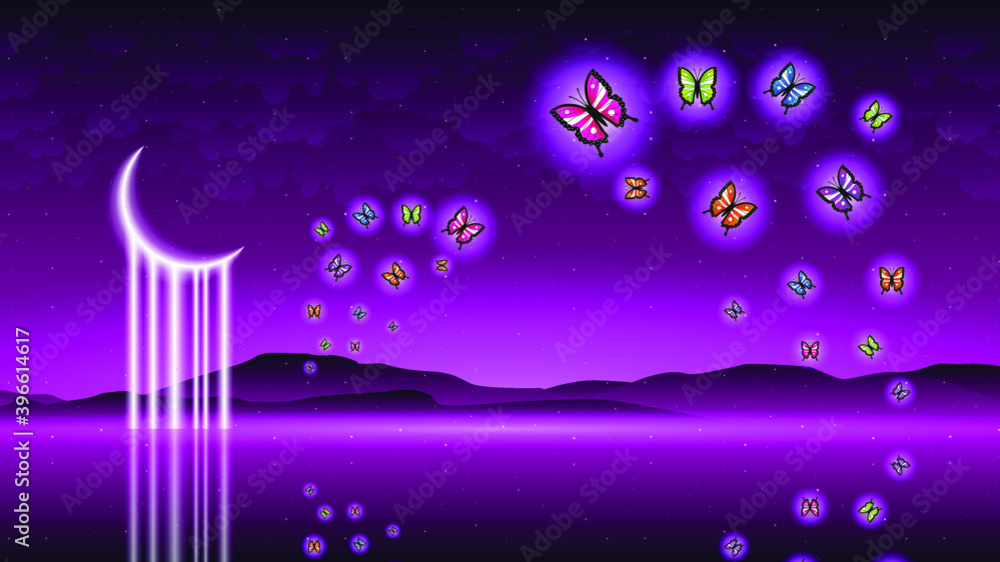 Poster abstract dark beutiful sky background with butterflies mountains clouds and moon vector design style